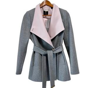 Ted Baker London Wool Cashmere Blend Coat Grey and Pink Belted Wrap Front